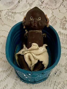 Antique African American 4in Doll in a 5in x 2.5in Blue Enamel Tub